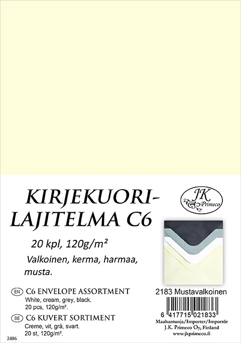 Kirjekuorilajitelma C6 Mustavalk. 20kpl