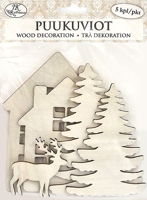 Wood decorations Houses and spruces 5pcs