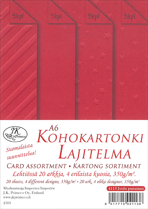 Kohokartonkilajitelma A6 Joulu punainen 20kpl