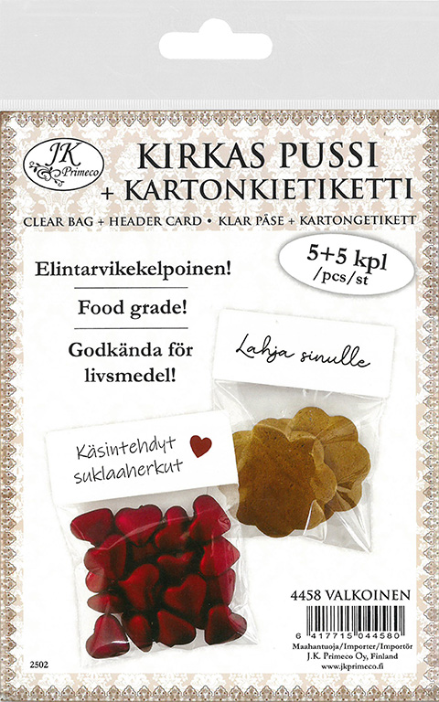 Kirkas pussi + kartonkietiketti valkoinen 5kpl+5kpl