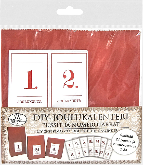DIY Christmas calendar Pussit ja numerotarrat punavalkoinen 24pcs