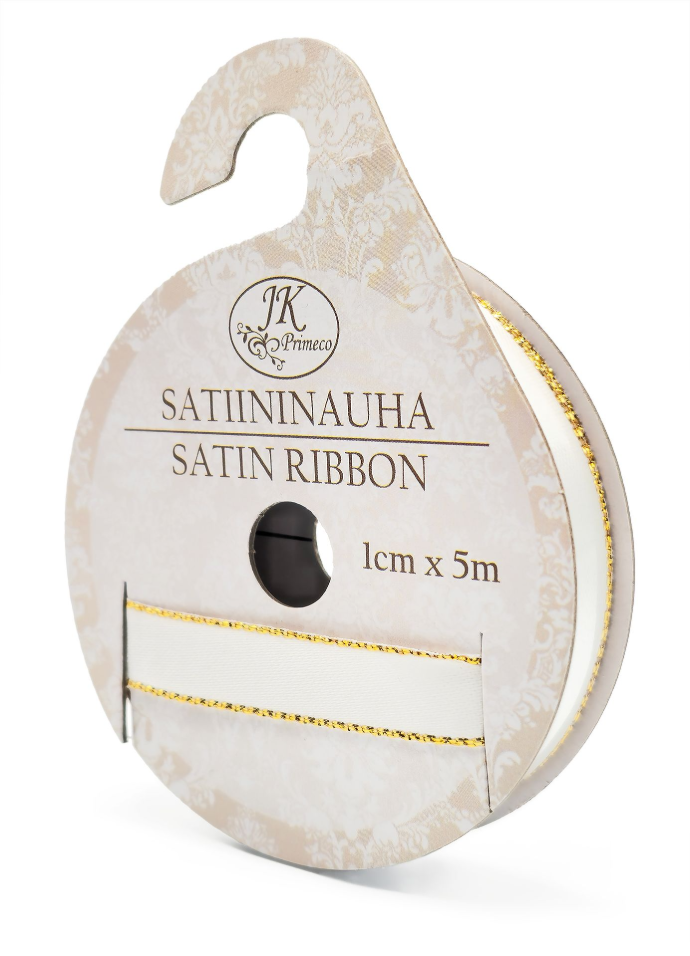 Satin ribbon 1cm x 5m gold edge white