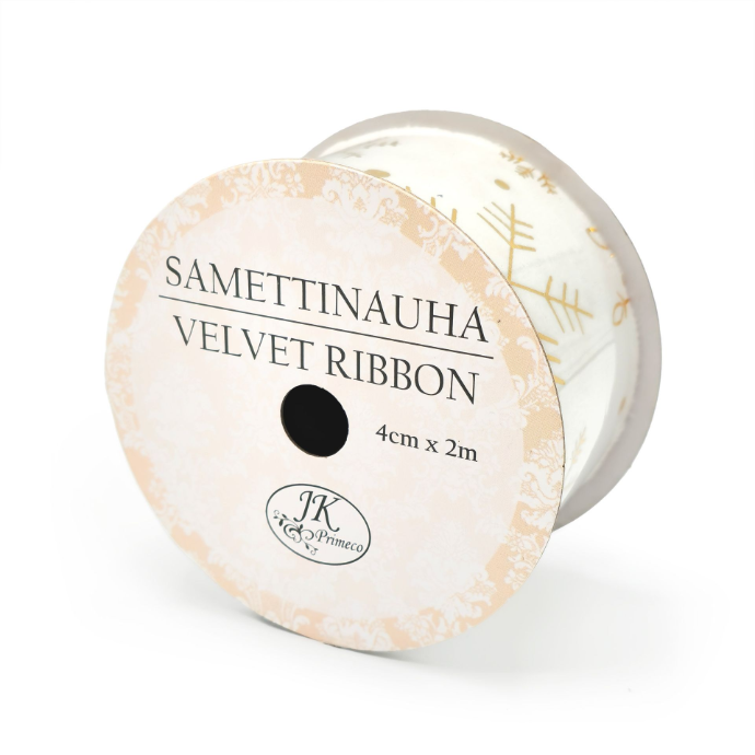 Samettinauha 4cm x 2m Lumihiutale kulta valkoinen