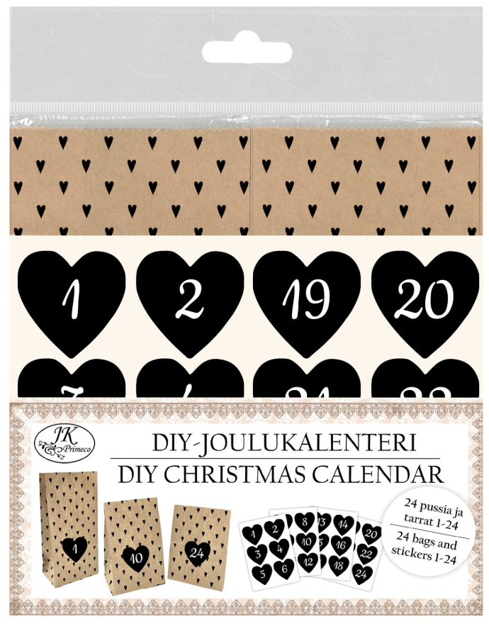 DIY-Joulukalenteri Pussit ja numerotarrat Sydän musta 24kpl