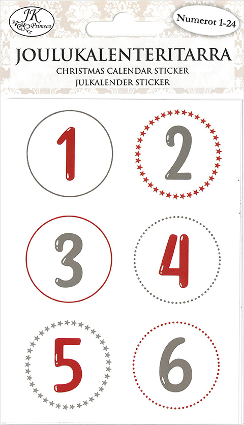 Christmas calendar sticker numbers red/grey 4 sheets