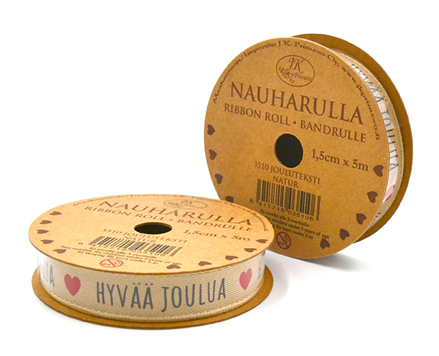 Ribbon roll 1,5cm x 5m Jouluteksti natur