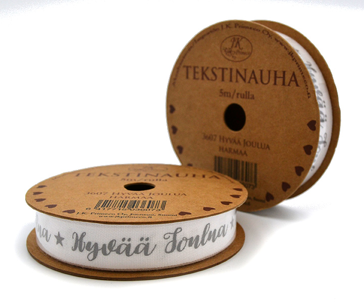 Ribbon roll 1,5cm x 5m Hyvää joulua harmaa