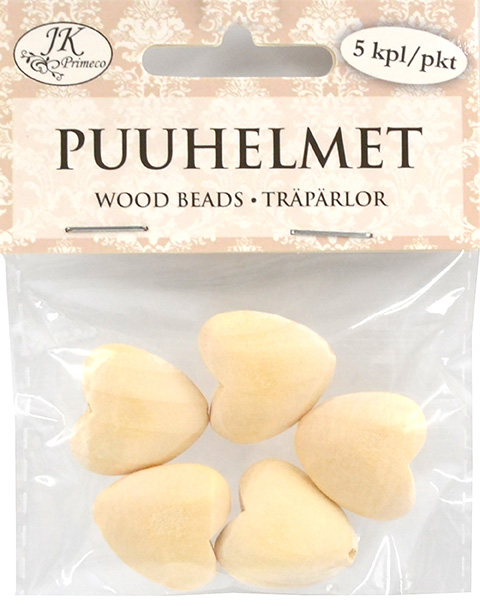 Wood beads 2cm Heart natural 5pcs