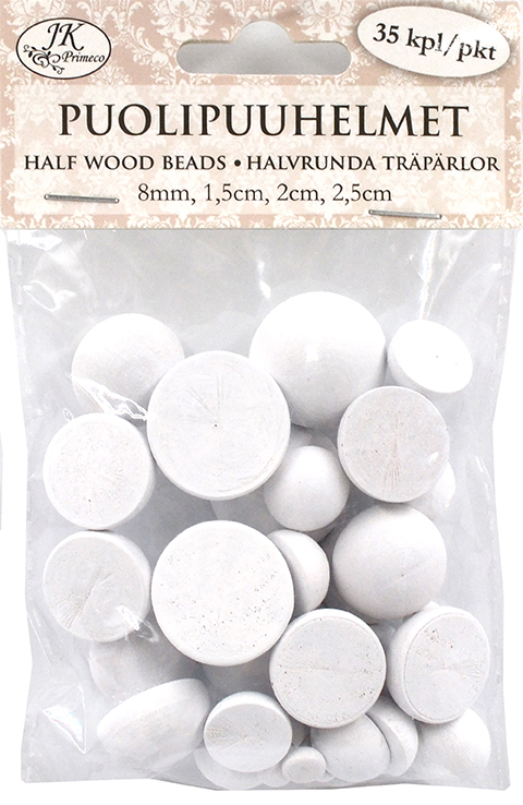 Half wood beads white assortment 35pcs