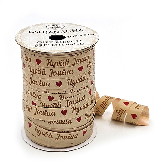 Gift ribbon 1cm x 50m Hyvää joulua natur