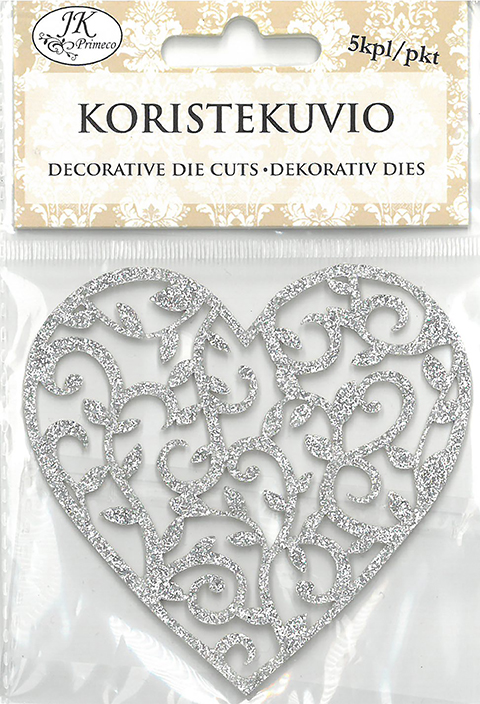 Decorative die cut Heart silver glitter 5pcs