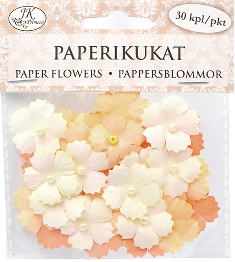 Paper flowers with beads small natural 30pcs
