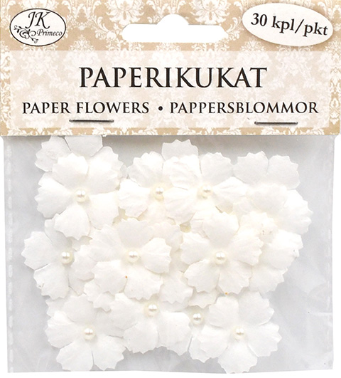 Paper flowers with beads small white 30pcs