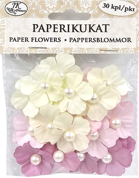 Paper flowers with beads pink 30pcs