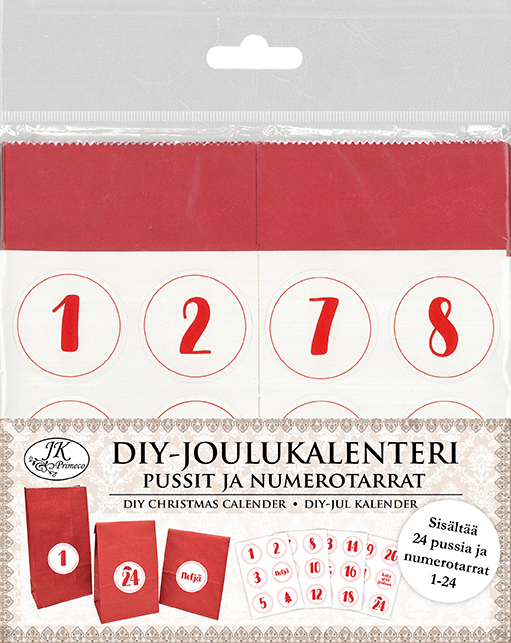 DIY Christmas calendar Pussit ja numerotarrat punainen 24pcs