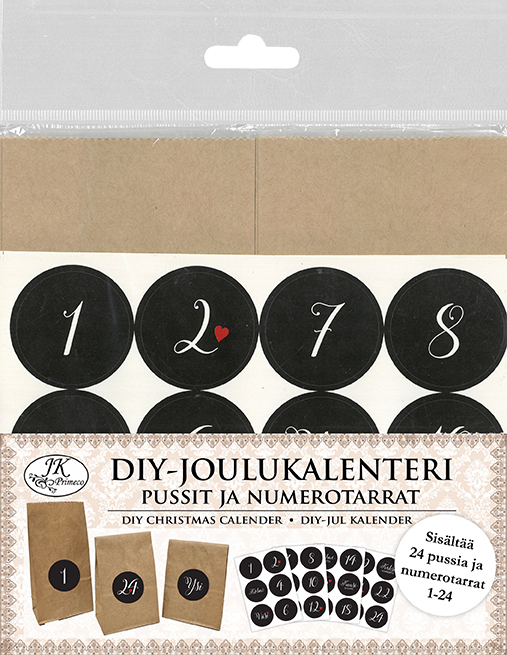 DIY Christmas calendar Pussit ja numerotarrat natur 24pcs