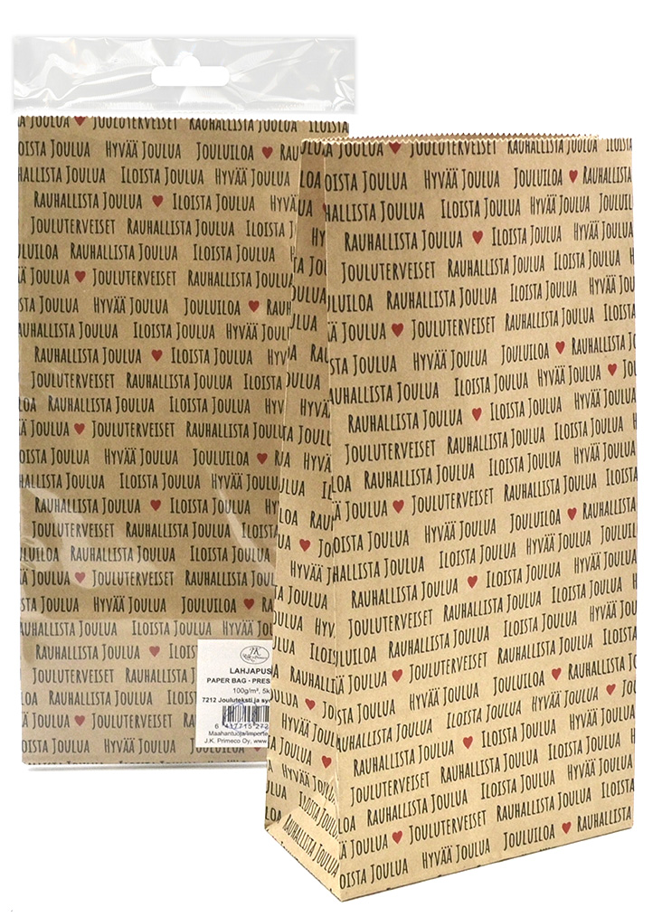 Paper bag Jouluteksti ja sydämet uusioruskea 5pcs