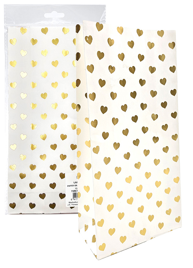 Paper bag Hearts gold foil white 5pcs