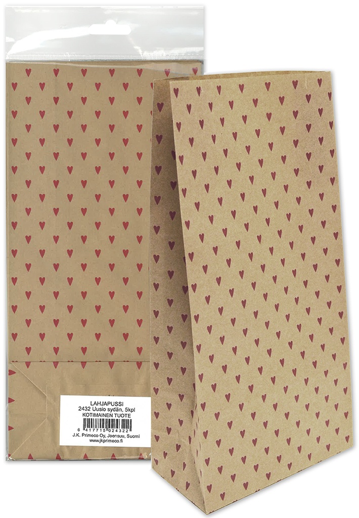 Paper bag Heart red recycled brown 5pcs