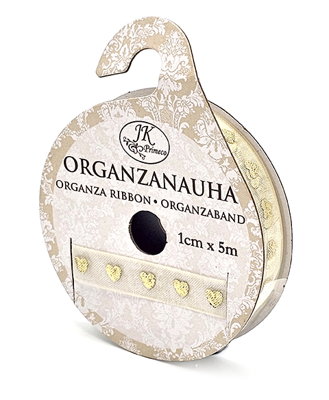 Organza ribbon 1cm x 5m Heart gold