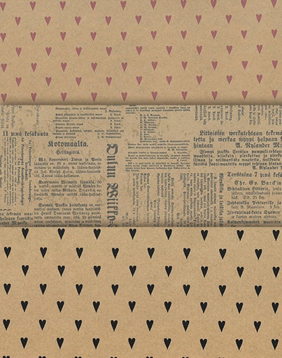 [4383] Gift wrapping paper assortment natural 3 x 10rll Sydämet ja sanomalehti