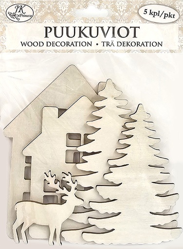[1497] Wood decorations Houses and spruces 5pcs