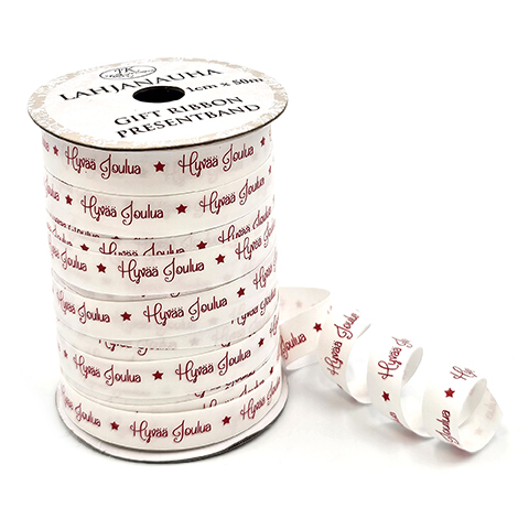 [3980] Gift ribbon 1cm x 50m Hyvää joulua punavalkoinen