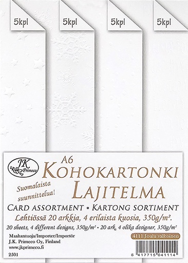 [4111] Kohokartonkilajitelma A6 Joulu valkoinen 20ark