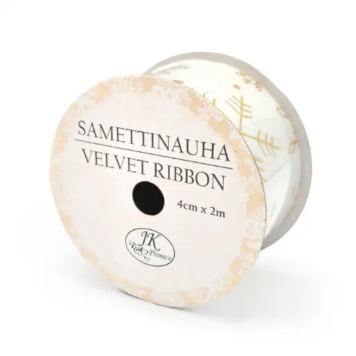 [3483] Samettinauha 4cm x 2m Lumihiutale kulta valkoinen