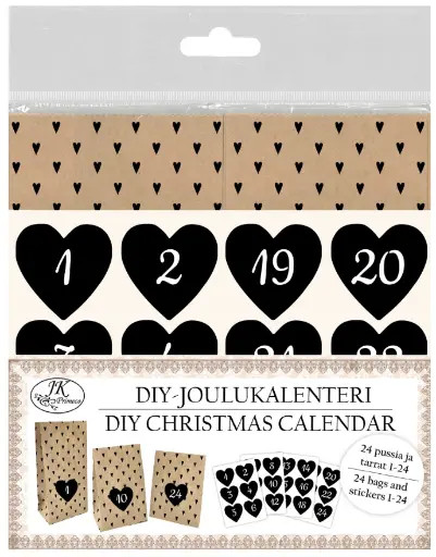 [4963] DIY-Joulukalenteri Pussit ja numerotarrat Sydän musta 24kpl