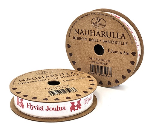 [3513] Ribbon roll 1.5cm x 5m Tontut ja jouluteksti