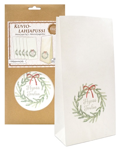 [5606] Eco paper bag wreath with text Hyvää joulua 5pcs